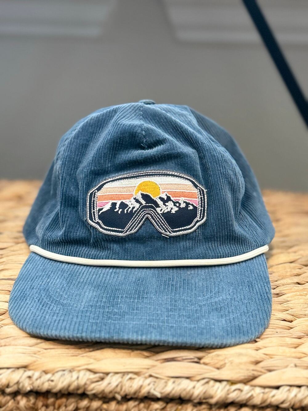 SNAG Blue Corduroy Ski Goggles Mountain Patch Rope Hat Adjustable Strapback